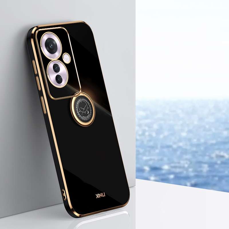 For OPPO Reno11 F XINLI Straight 6D Plating Gold Edge TPU Shockproof Case with Ring Holder(Blac