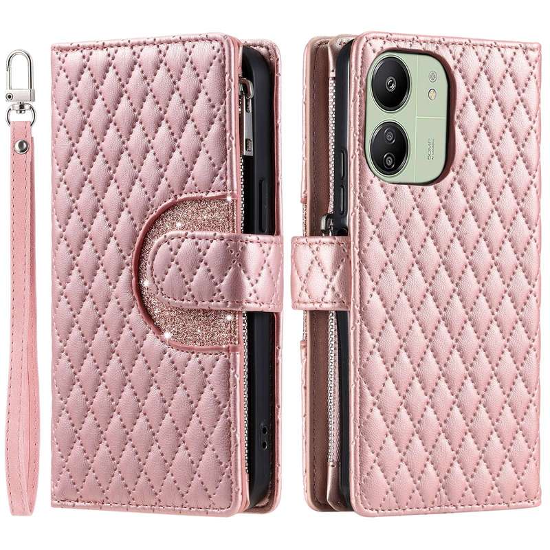 For Xiaomi Poco C65 Glitter Lattice Zipper Wallet Leather Phone Case(Rose Gold)