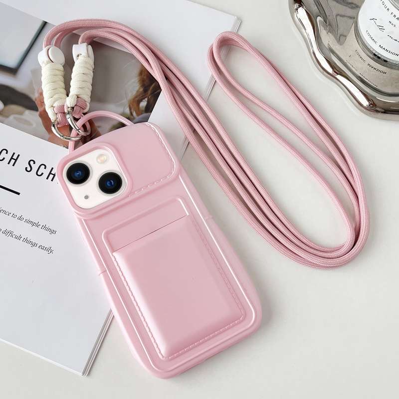 For iPhone 13 Metallic Paint Skin Feel Full Coverage Shockproof Phone Case with Card Bag + Lany
