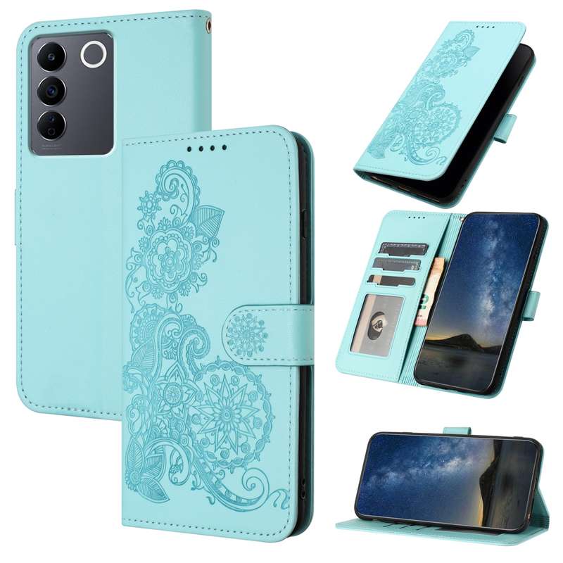 For vivo V27e 4G Global/T2 4G Global Datura Flower Embossed Flip Leather Phone Case(Light blue)