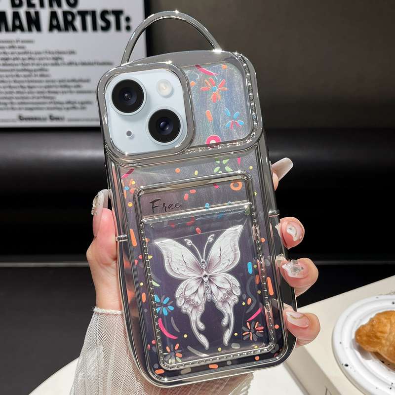 For iPhone 13 Electroplated Card Slot Laser Butterfly Cardboard TPU Phone Case(Silver)