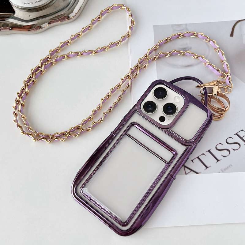 For iPhone 12 Pro Electroplated Clear Card Slot TPU Phone Case with Crossbody Chain(Purple)