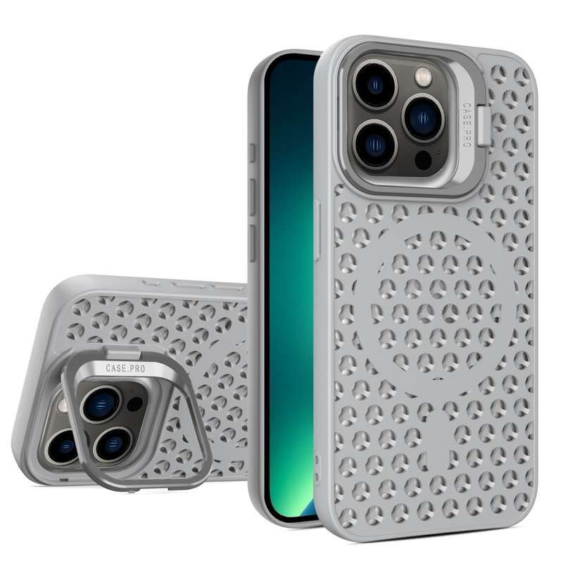 For iPhone 13 Pro Max Hollow Cooling Lens Holder MagSafe Magnetic TPU Phone Case(Grey)