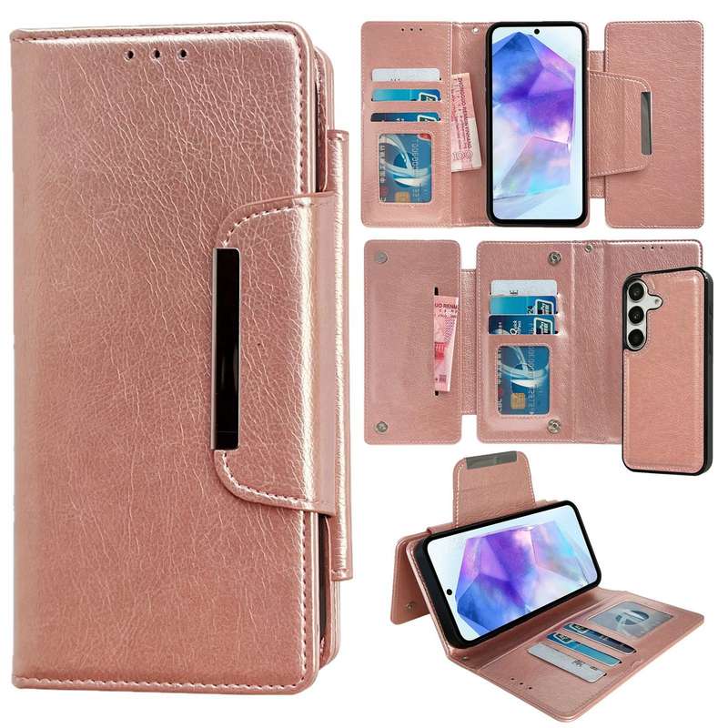 For Samsung Galaxy A55 5G Multifunctional 7-Card Wallet Leather Phone Case(Rose Gold)