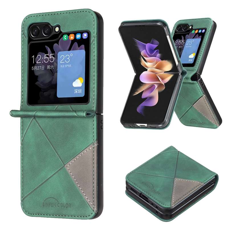 For Samsung Galaxy Z Flip5 Rhombus Texture PU + PC Shockproof Phone Case(Green)