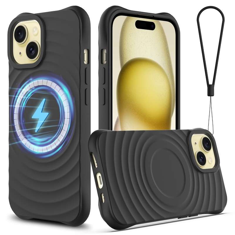 For iPhone 14 Plus Wave Texture MagSafe Magnetic Liquid Silicone Phone Case(Black)