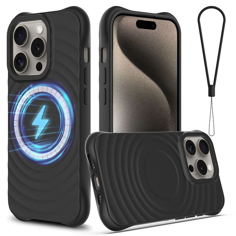 For iPhone 14 Pro Wave Texture MagSafe Magnetic Liquid Silicone Phone Case(Black)