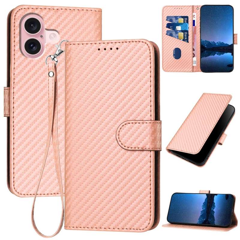For iPhone 16 YX0070 Carbon Fiber Buckle Leather Phone Case with Lanyard(Pink)