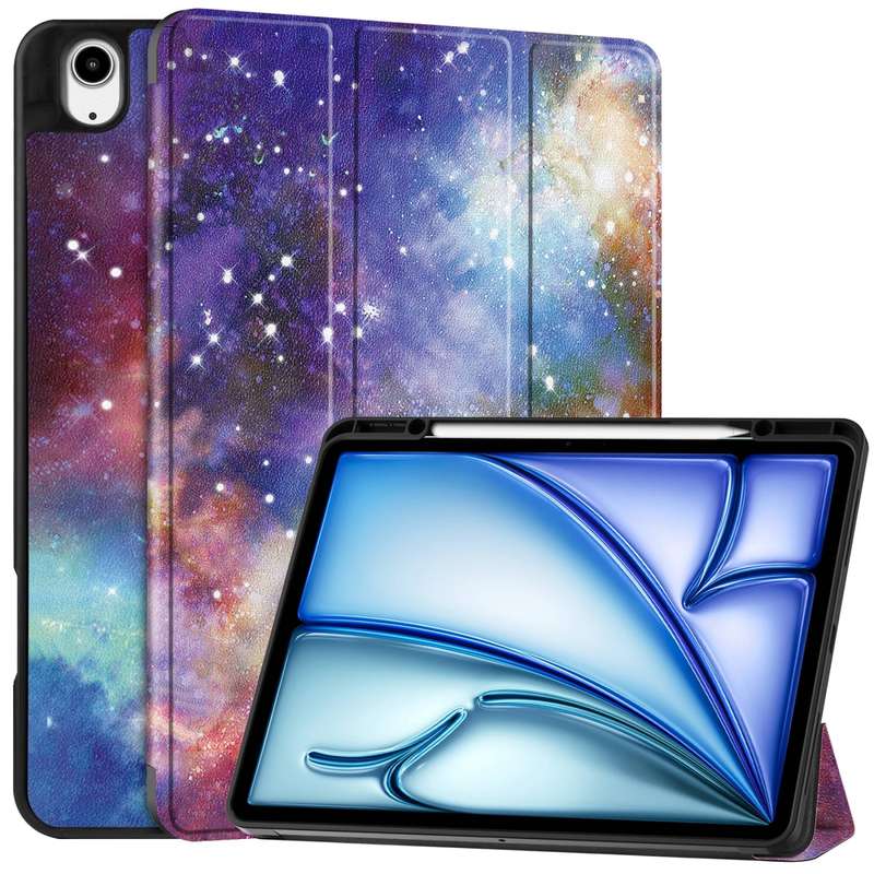 For iPad Air 13 2024 Custer Painted 3-Fold Holder Smart Leather Tablet Case with Pen Tray(Milky
