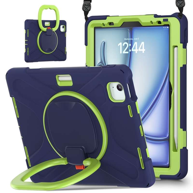For iPad Air 11 2024 Silicone Hybrid PC Tablet Case with Holder & Shoulder Strap(Navy Blue Lime
