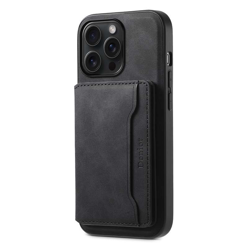 For iPhone 15 Pro Max Denior D13 Retro Texture Leather MagSafe Card Bag Phone Case(Black)