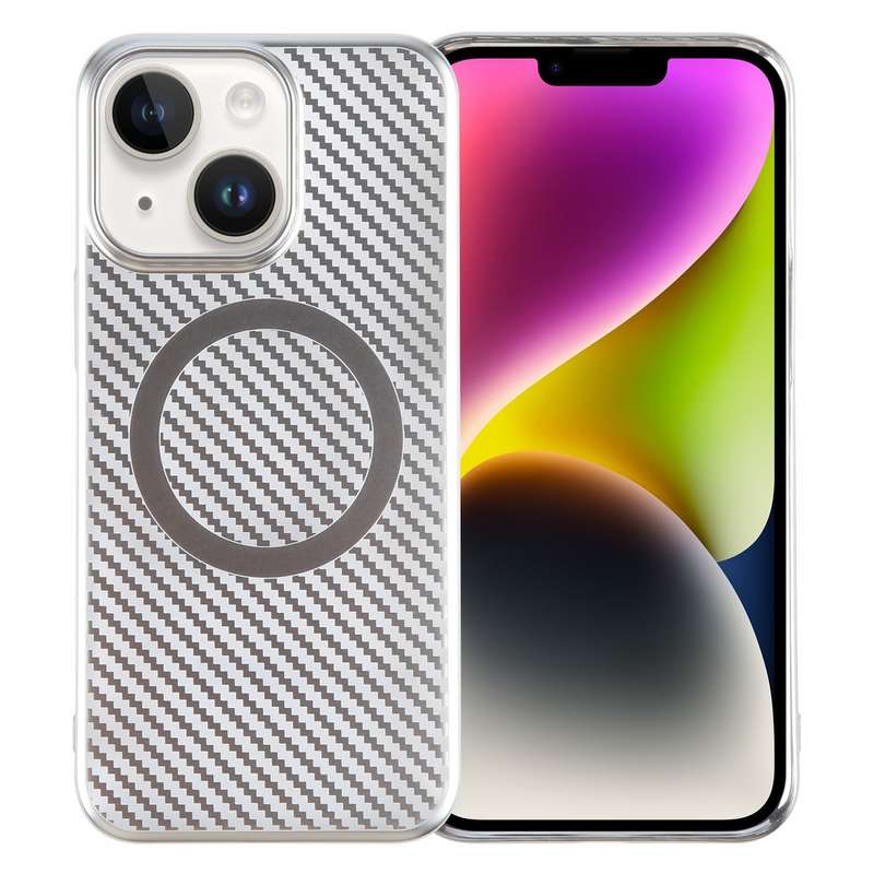 For iPhone 14 Plus 6D Plated Carbon Fiber Clear Magsafe PC Phone Case(Starlight Silver)