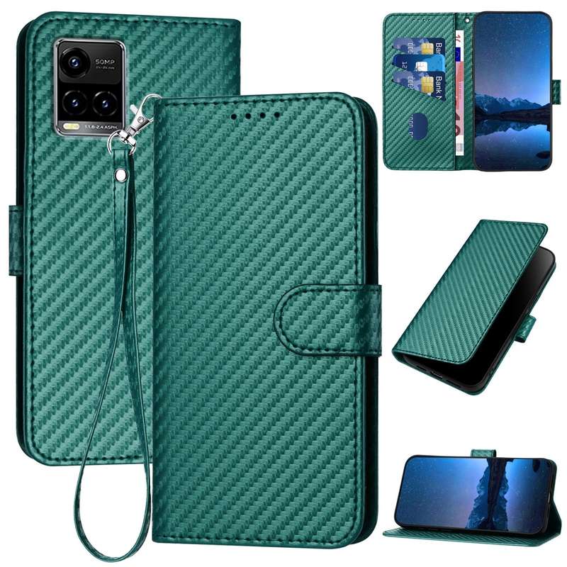 For vivo Y33s 4G Global / Y21t YX0070 Carbon Fiber Buckle Leather Phone Case with Lanyard(Dark