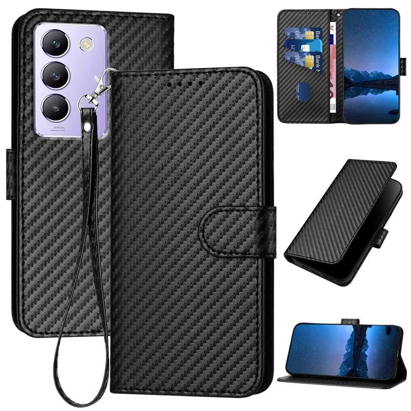 For vivo Y100 5G IDN / Y200e 5G Global YX0070 Carbon Fiber Buckle Leather Phone Case with Lanya