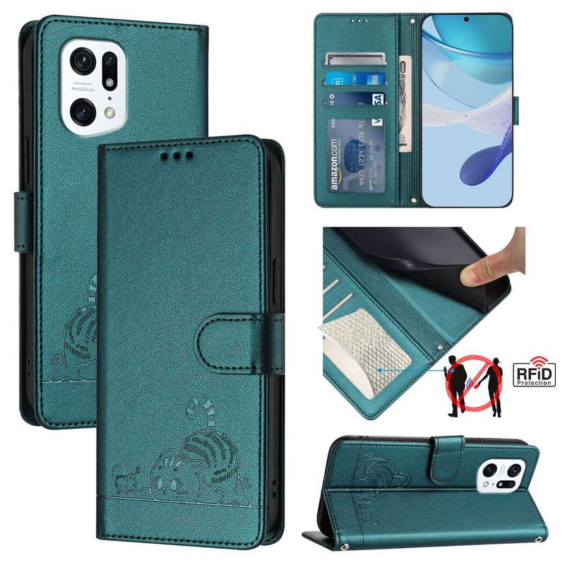 For OPPO Find X5 Pro Cat Rat Embossed Pattern RFID Leather Phone Case with Lanyard(Peacock Gree