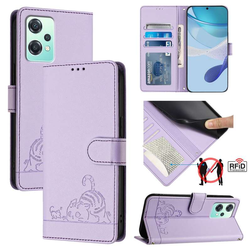 For Realme 9 Pro 5G Global Cat Rat Embossed Pattern RFID Leather Phone Case with Lanyard(Purple