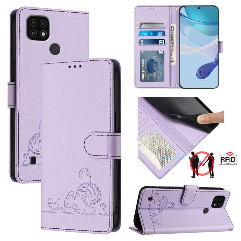 For Realme C20 / C11 2021 / C21 Cat Rat Embossed Pattern RFID Leather Phone Case with Lanyard(P
