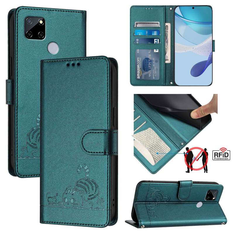 For Realme C25S / 7i Global Cat Rat Embossed Pattern RFID Leather Phone Case with Lanyard(Peaco