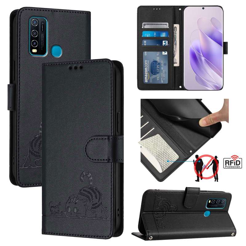 For vivo Y30 4G Global  Cat Rat Embossed Pattern RFID Leather Phone Case with Lanyard(Black)