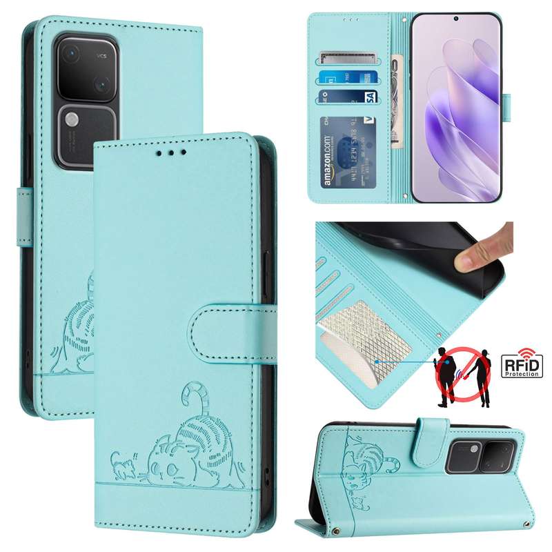 For vivo V30 Pro 5G Global Cat Rat Embossed Pattern RFID Leather Phone Case with Lanyard(Mint G