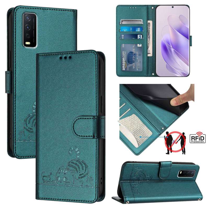 For vivo Y12S / iQOO U1x Cat Rat Embossed Pattern RFID Leather Phone Case with Lanyard(Peacock