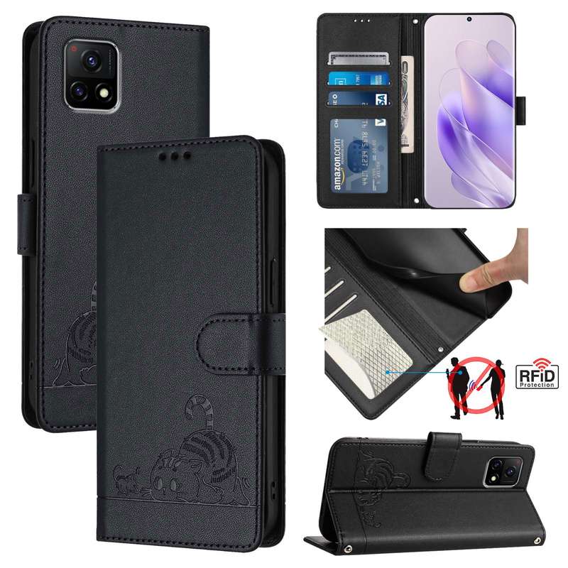 For vivo Y31S 5G / Y72 5G India Cat Rat Embossed Pattern RFID Leather Phone Case with Lanyard(B