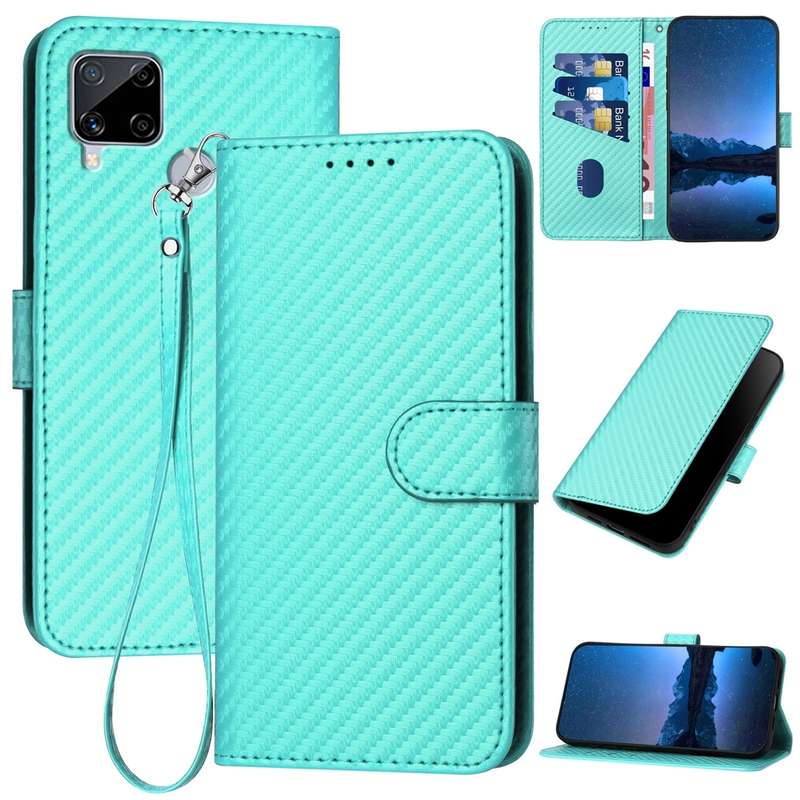 For Realme C12/C15/C25/C25s/Narzo 30A YX0070 Carbon Fiber Buckle Leather Phone Case with Lanyar