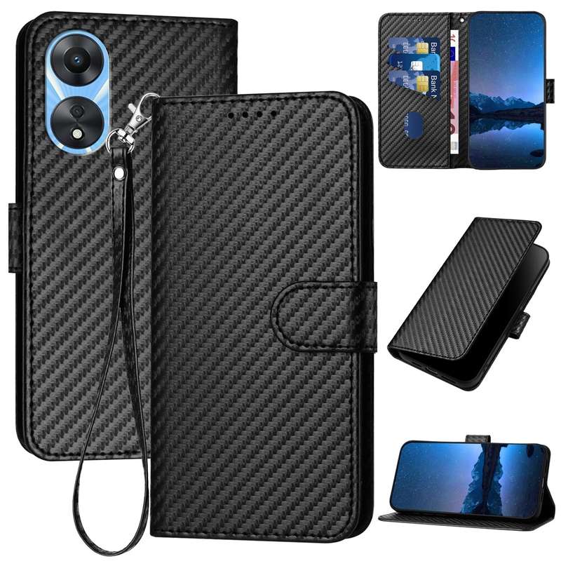 For OPPO A58 4G YX0070 Carbon Fiber Buckle Leather Phone Case with Lanyard(Black)