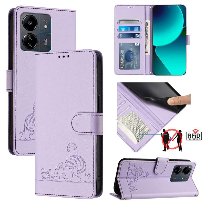 For Xiaomi POCO C65 Global Cat Rat Embossed Pattern RFID Leather Phone Case with Lanyard(Purple