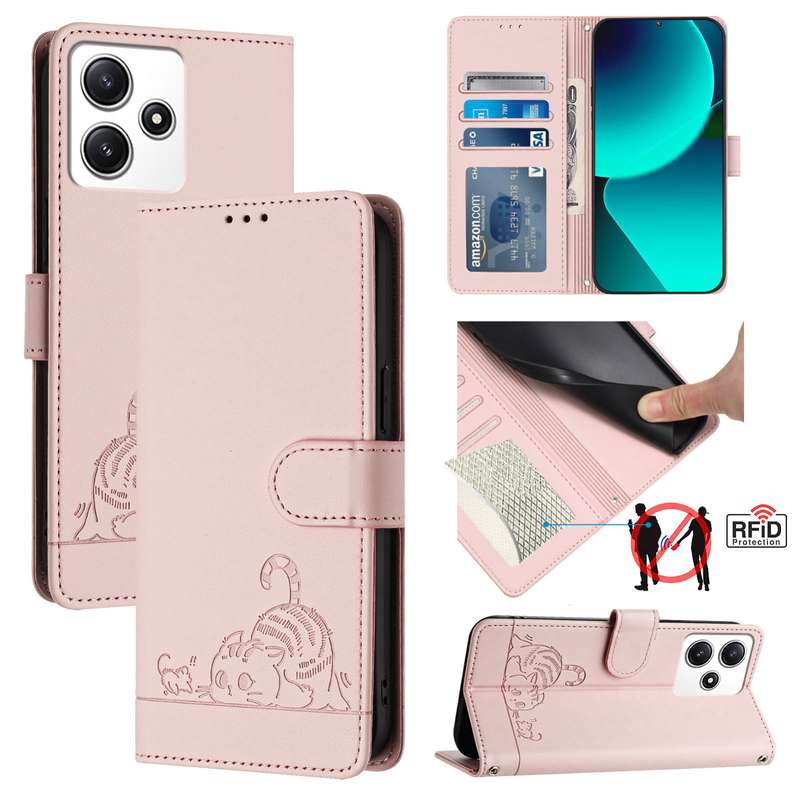 For Xiaomi Redmi 12 5G Global Cat Rat Embossed Pattern RFID Leather Phone Case with Lanyard(Pin