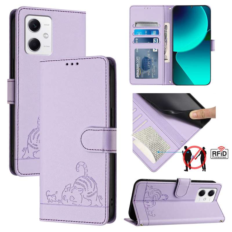 For Xiaomi Redmi Note 12 5G Global Cat Rat Embossed Pattern RFID Leather Phone Case with Lanyar