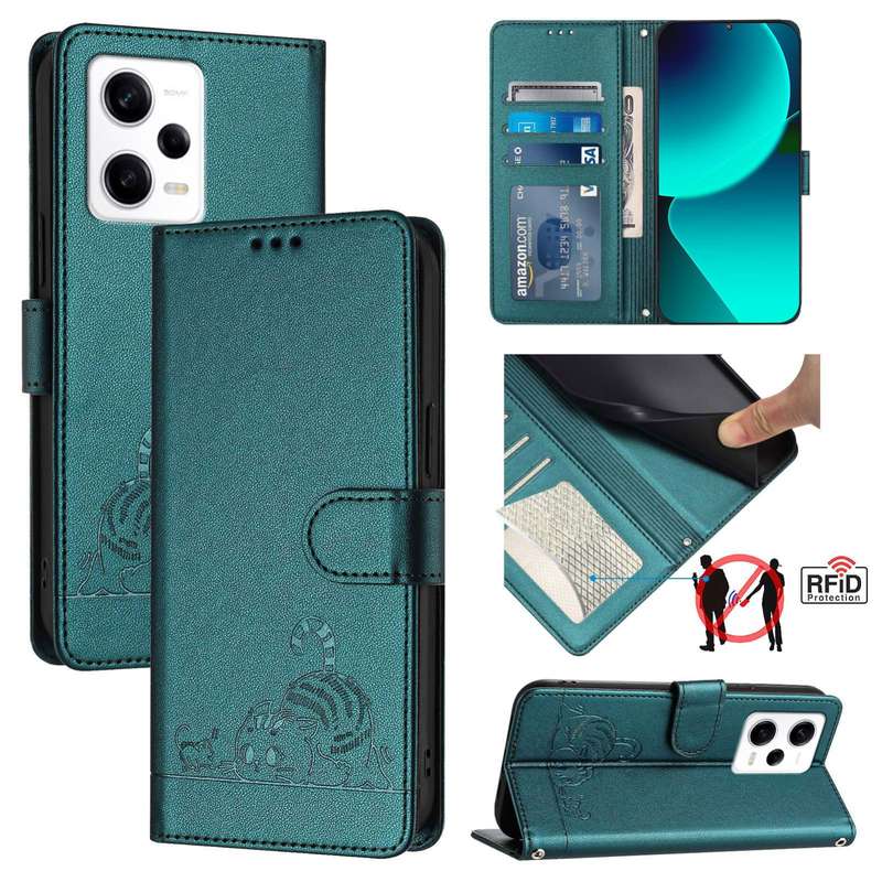 For Xiaomi Redmi Note 12 Pro 5G Global Cat Rat Embossed Pattern RFID Leather Phone Case with La