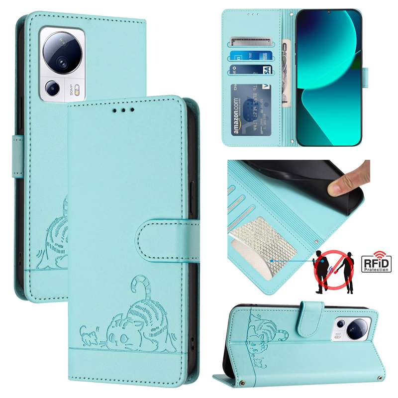 For Xiaomi 13 Lite 5G Global / CIVI 2 Cat Rat Embossed Pattern RFID Leather Phone Case with Lan