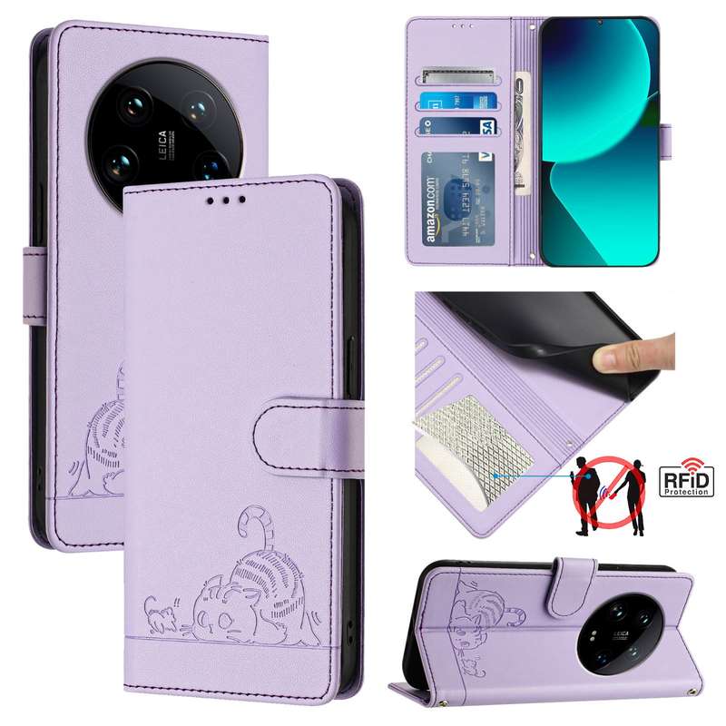 For Xiaomi 14 Ultra 5G Global Cat Rat Embossed Pattern RFID Leather Phone Case with Lanyard(Pur