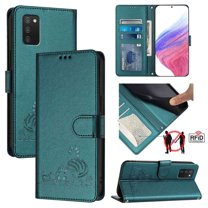 For Samsung Galaxy A03s 165.8mm US Version Cat Rat Embossed Pattern RFID Leather Phone Case wit