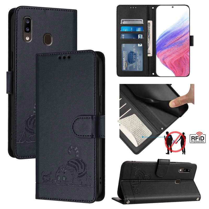 For Samsung Galaxy A20/A30/M10s Cat Rat Embossed Pattern RFID Leather Phone Case with Lanyard(B