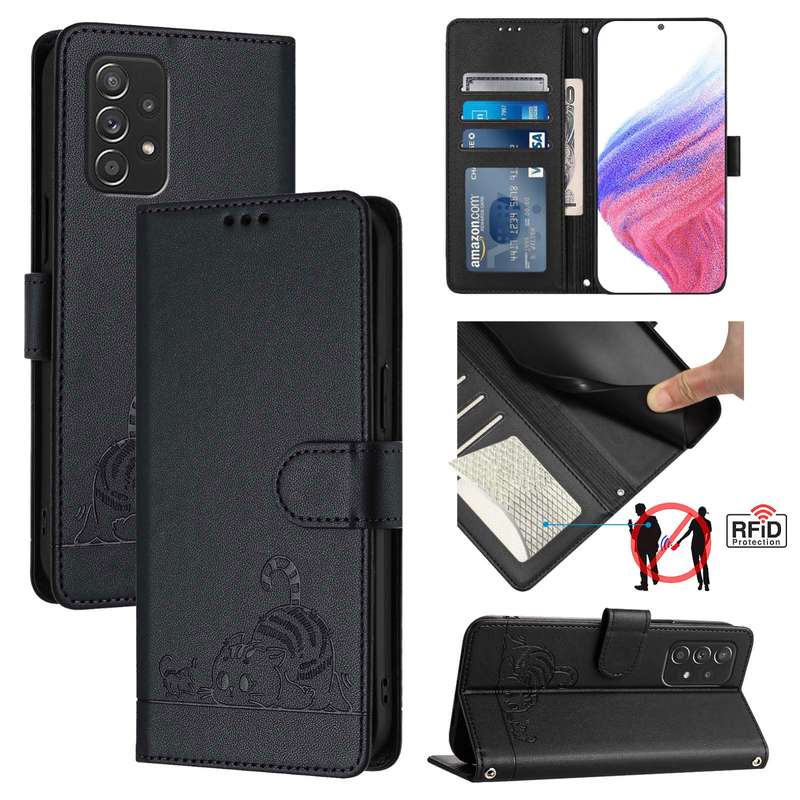 For Samsung Galaxy A52 4G/5G/A52s 5G Cat Rat Embossed Pattern RFID Leather Phone Case with Lany