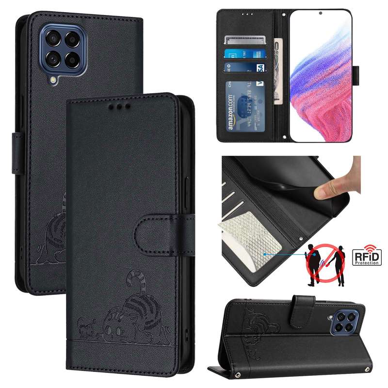 For Samsung Galaxy M53 5G Cat Rat Embossed Pattern RFID Leather Phone Case with Lanyard(Black)