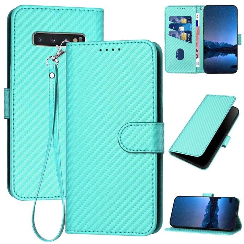 For Samsung Galaxy S10+ YX0070 Carbon Fiber Buckle Leather Phone Case with Lanyard(Light Blue)