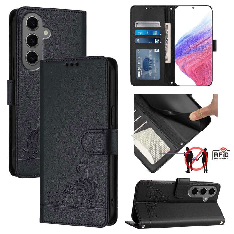 For Samsung Galaxy S24+ 5G Cat Rat Embossed Pattern RFID Leather Phone Case with Lanyard(Black)