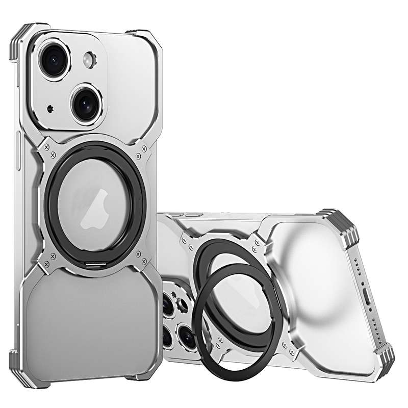 For iPhone 13 Mechanical Arm Borderless MagSafe Holder Metal Phone Case(Silver)