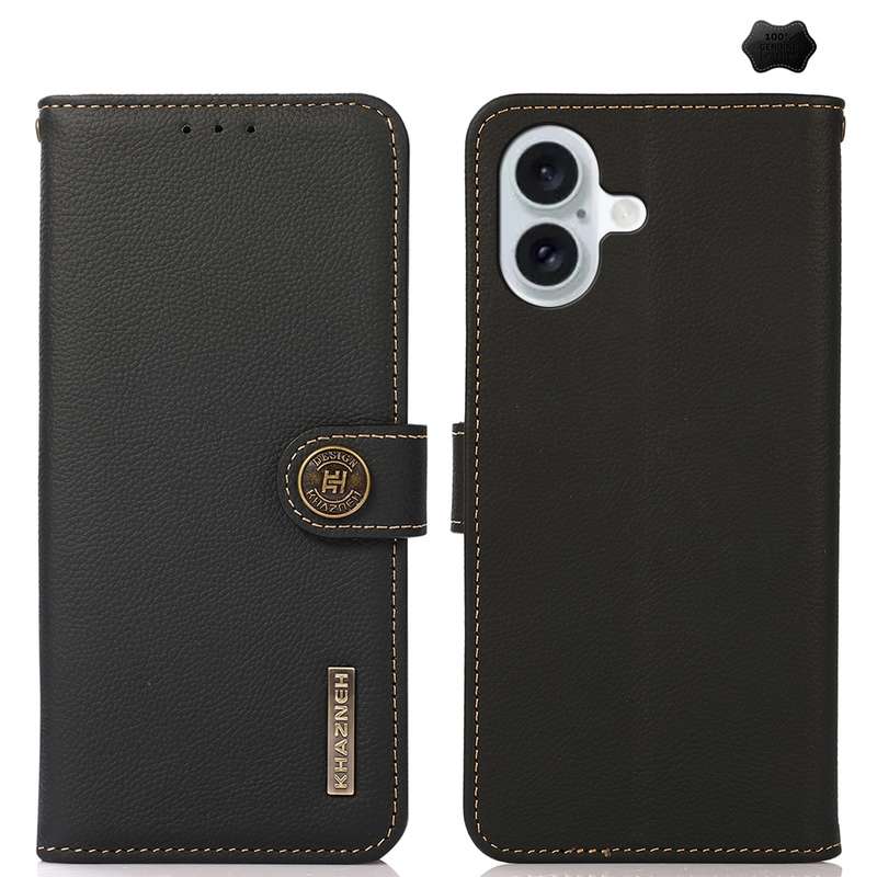 For iPhone 16 Plus KHAZNEH Custer Genuine Leather RFID Phone Case(Black)