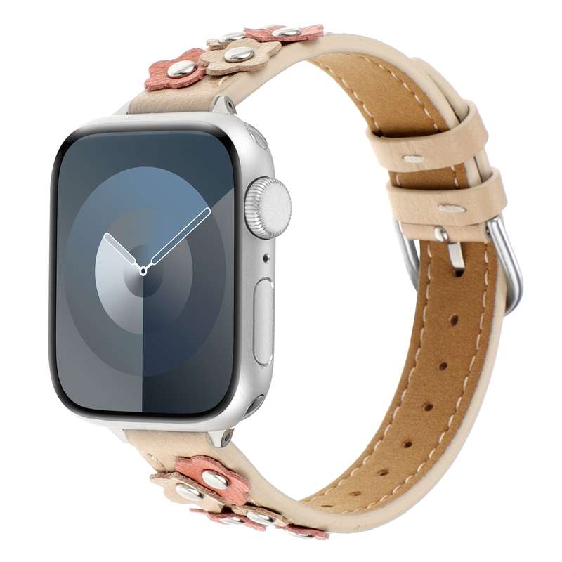For Apple Watch Series 4 40mm Stitched Flower Leather Watch Band(Khaki)