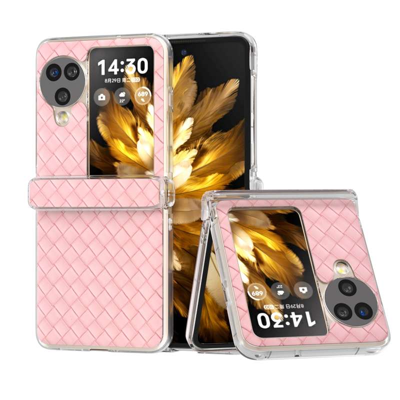For OPPO Find N3 Flip 3 in 1 Woven Texture Transparent Frame PU Phone Case(Pink)