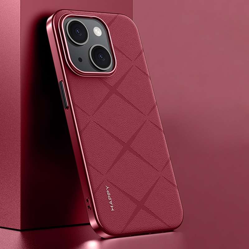 For iPhone 13 Plain Leather PC Phone Case(Wine Red)
