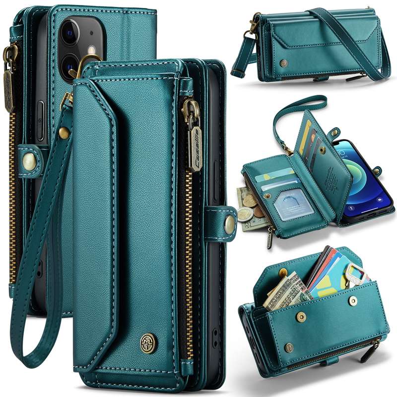 For iPhone 12 CaseMe C36 Card Slots Zipper Wallet RFID Anti-theft Leather Phone Case(Blue-green