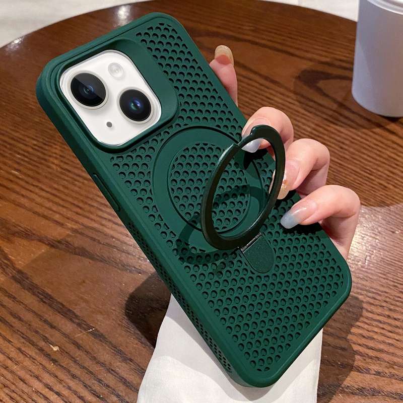 For iPhone 14 Plus Hollow Cooling Magsafe Phone Case with Holder(Green)