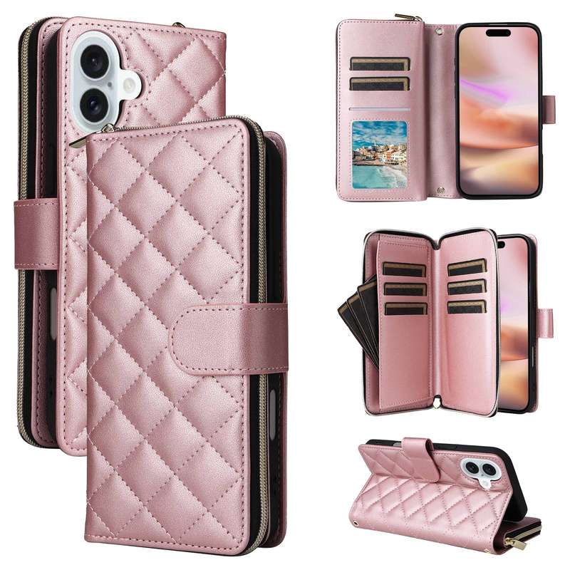 For iPhone 16 Plus Crossbody Rhombic Zipper Tower Buckle Leather Phone Case with Lanyard(Rose G