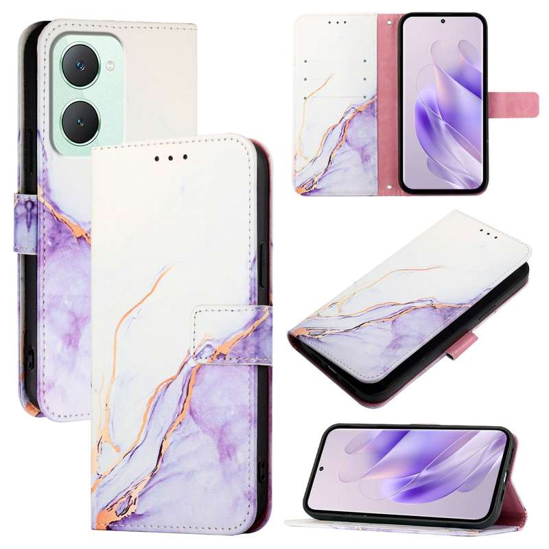 For vivo Y03 4G Global PT003 Marble Pattern Flip Leather Phone Case(White Purple)