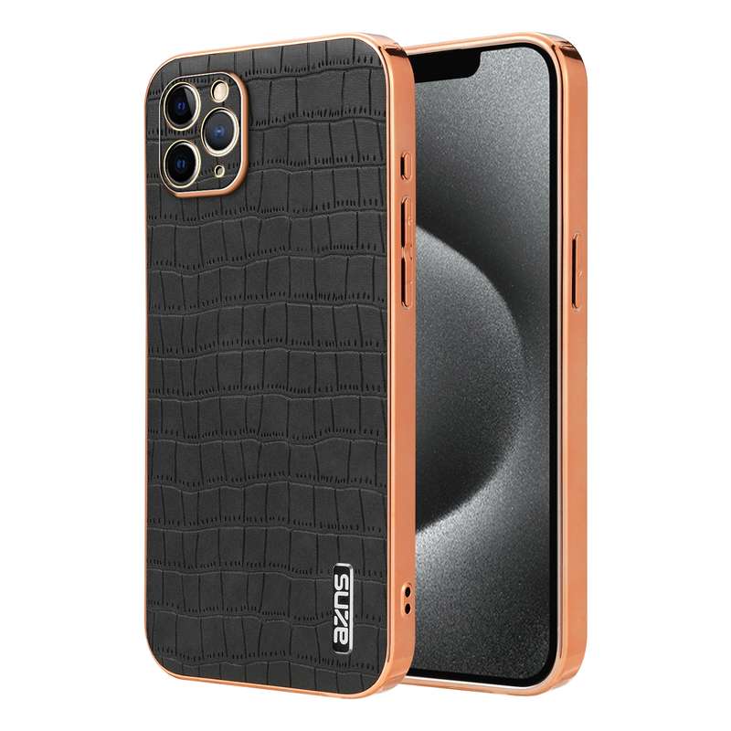 For iPhone 11 Pro Max AZNS Electroplated Frame Crocodile Texture Full Coverage Phone Case(Black